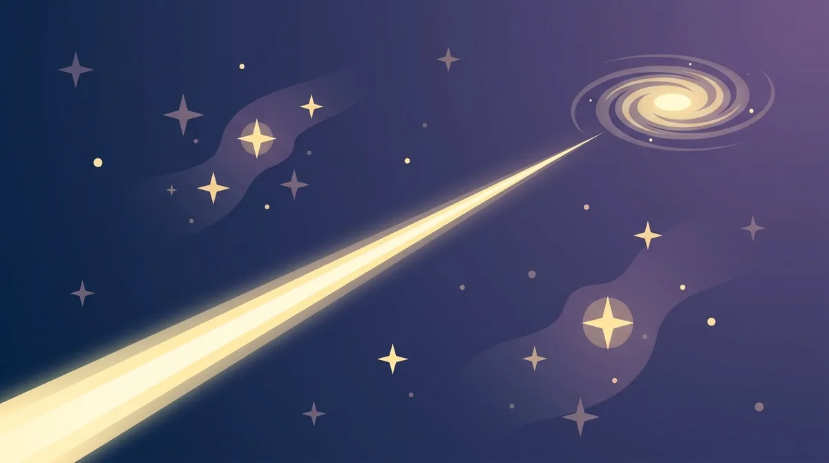 一道星光穿越深空，射向遙遠的螺旋星系，展現光在一年內行進的浩瀚距離